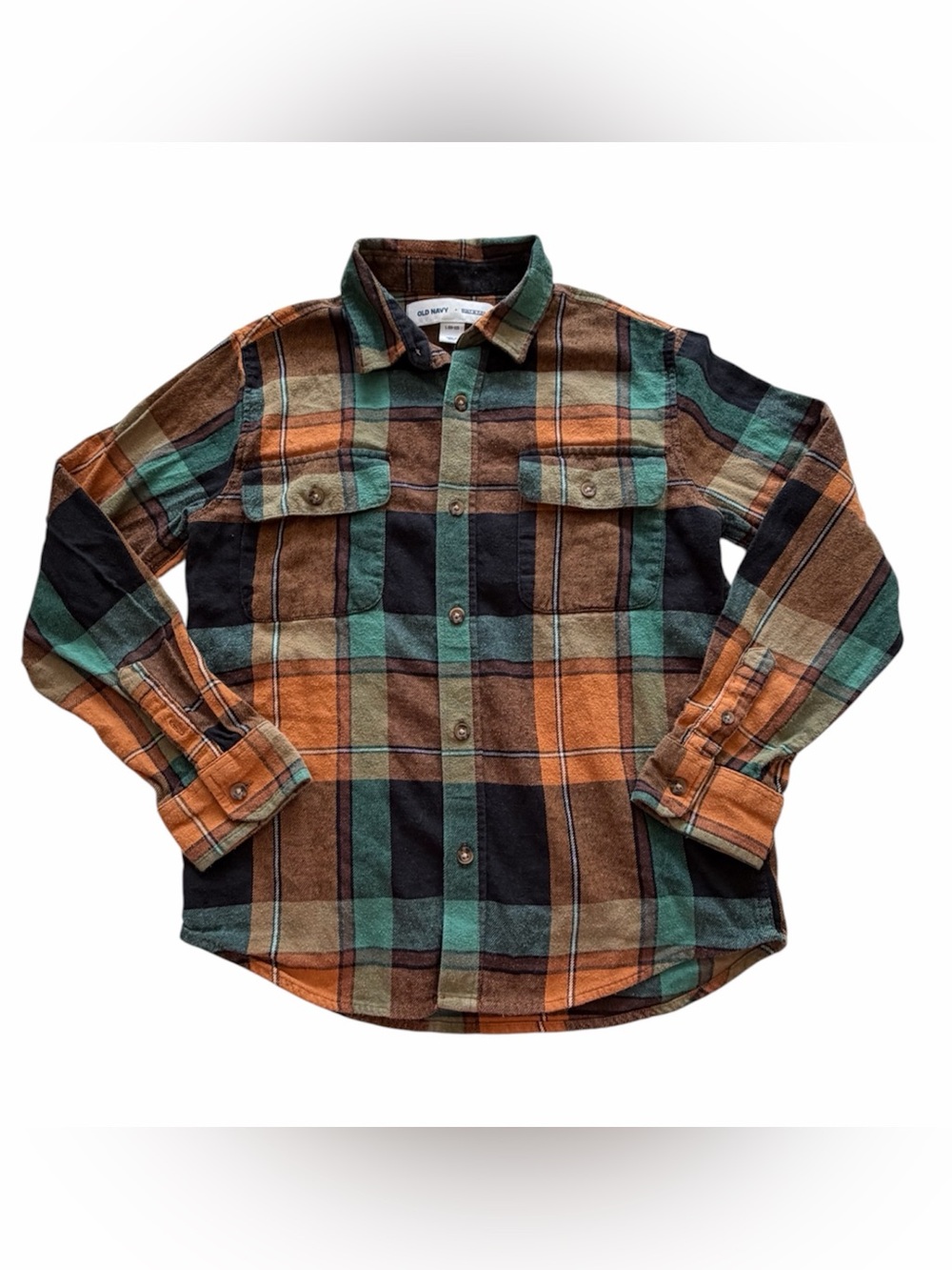 Old Navy Flannel Shirt Boys Size 10-12 Button Up Built In Flex Navy Blue Aqua